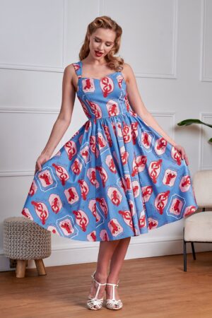 Winnie Lobster Love Baumwoll-Swingkleid in Blau.