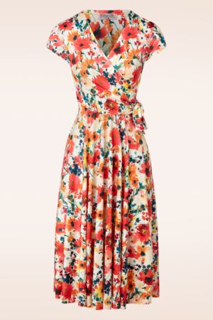 Layla Floral Watercolour Crossover-Kleid in Creme/mehrfarbig