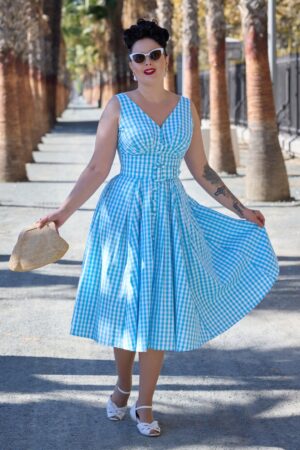 Leia Tiffany Vichy-Karo-Swingkleid in Hellblau und Weiß