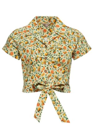 QueenKerosin Kurzarmbluse Citrus Cocktails mit Bindeschleife