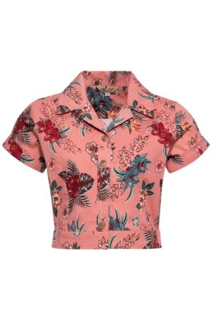 QueenKerosin Kurzarmbluse Hibiscus mit tropischem Allover-Print