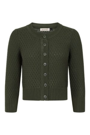 Banned Strickjacke Fara Cardigan Oliv Vintage Wabenmuster Baumwolle