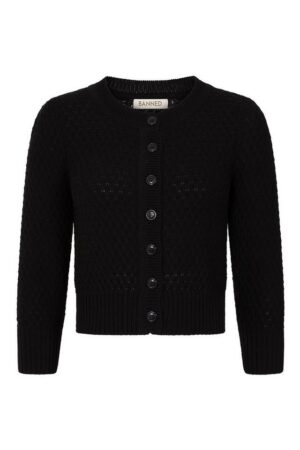 Banned Strickjacke Fara Cardigan Schwarz Vintage Wabenmuster Baumwolle