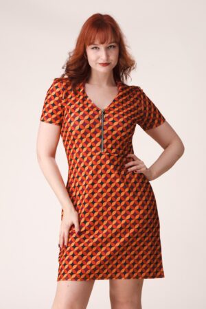 Exklusiv bei Topvintage ~ Daisy Geo Retro-Kleid in Orange und Schwarz