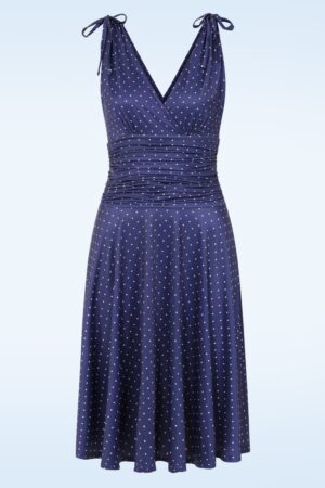 Exklusiv bei Topvintage ~ Grecian Pin Dot Kleid in Dunkelblau