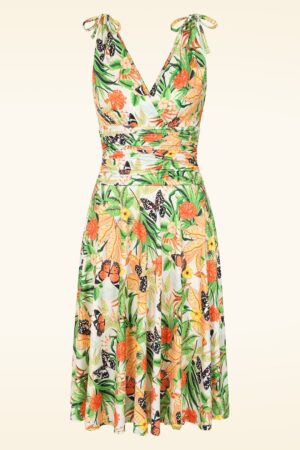 Exklusiv bei Topvintage ~ Grecian Tropical Butterfly Kleid in Weiß und Orange