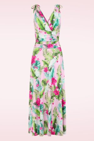 Exklusiv bei Topvintage ~ Grecian Tropical Parrot Maxikleid in Rosa/mehrfarbig