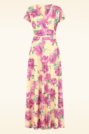 Exklusiv bei Topvintage ~ Rinda Floral Maxikleid in Buttergelb und Rosa
