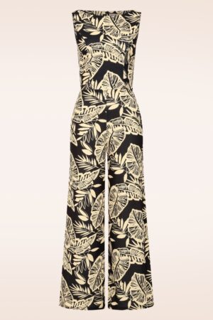 Exklusiv bei Topvintage ~ Tori Tropical Leaves Jumpsuit in Schwarz
