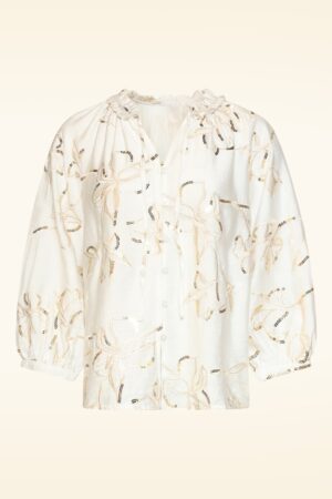 Golden Sparkle Bloom Bestickte Bluse in Cremeweiß