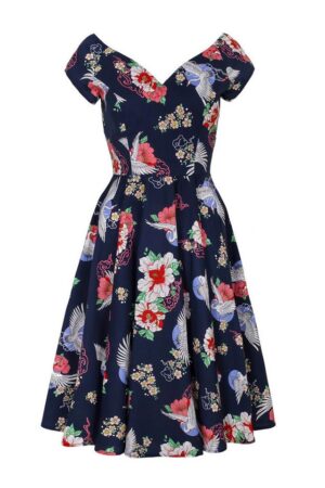 Hell Bunny A-Linien-Kleid Misa Swing Dress Retro Blumenmuster Kranich Vintage Tropical Flowers