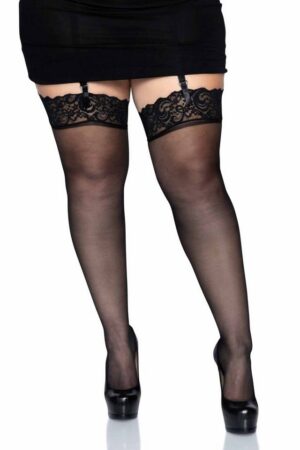 Leg Avenue Strapsstrümpfe Straps-Strümpfe mit Spitzenbund Plus Size - schwarz (1-Paar) transparent in Übergröße