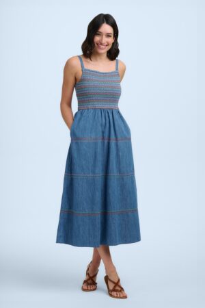 Murren Shirred Denim-Midikleid in verwaschenem Blau