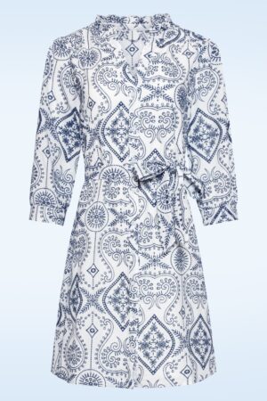 Victoria Besticktes Baumwollkleid in Weiß und Marineblau