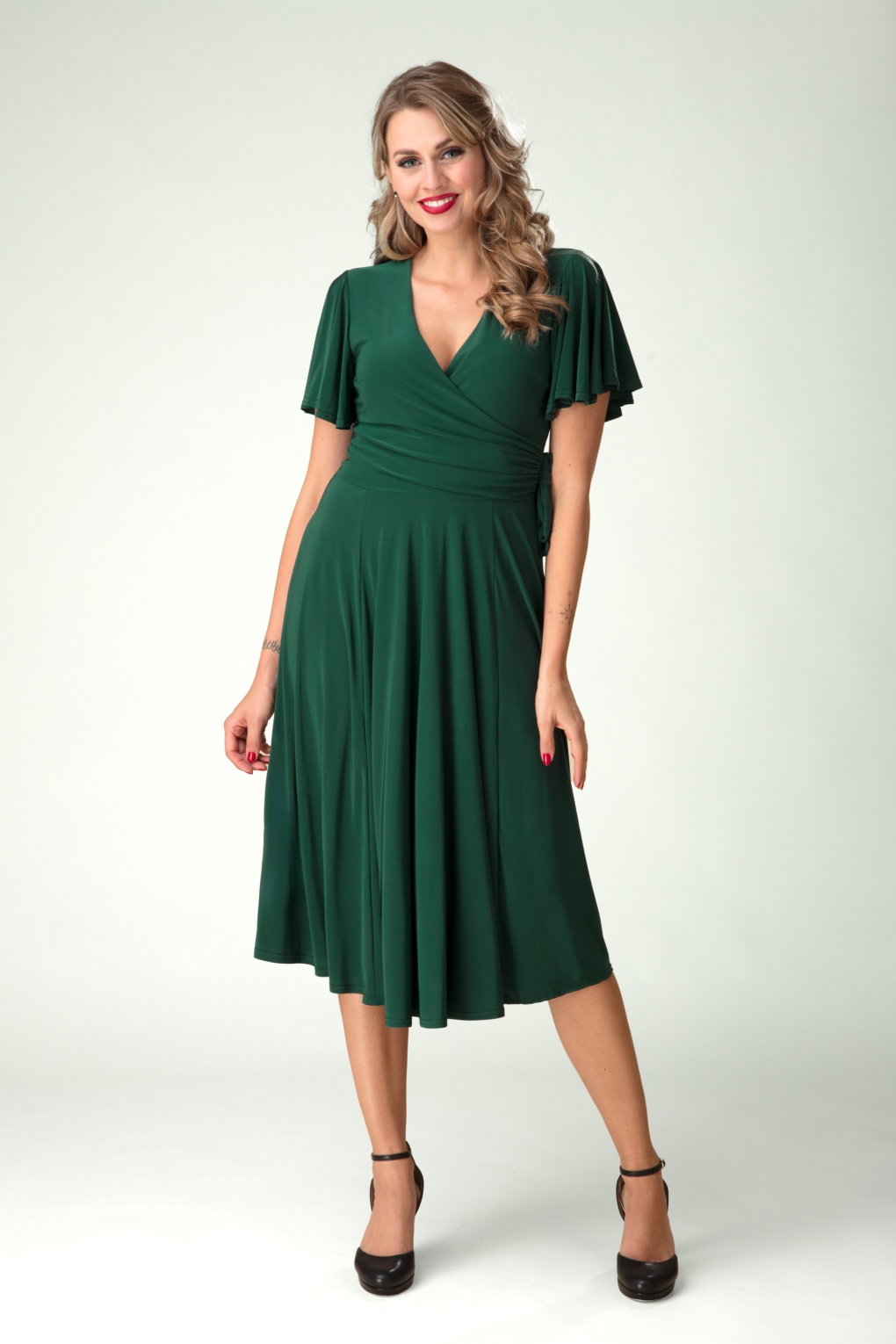 Exklusiv bei Topvintage ~ Irene Cross Over Swingkleid in Waldgrün.
