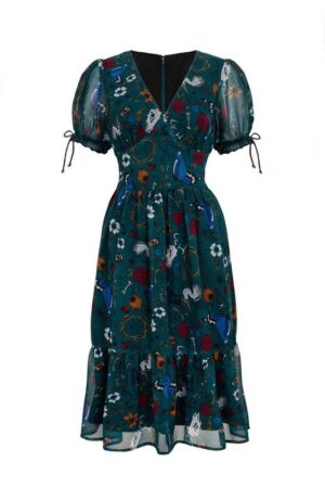 Hell Bunny A-Linien-Kleid Sianna Midi Dress Teal Vintage Retro Blumen Druck