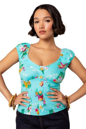 Hell Bunny Shirttop Ayanna Aqua Tropisch Insel Villa Blumen Paradies Strand Beach