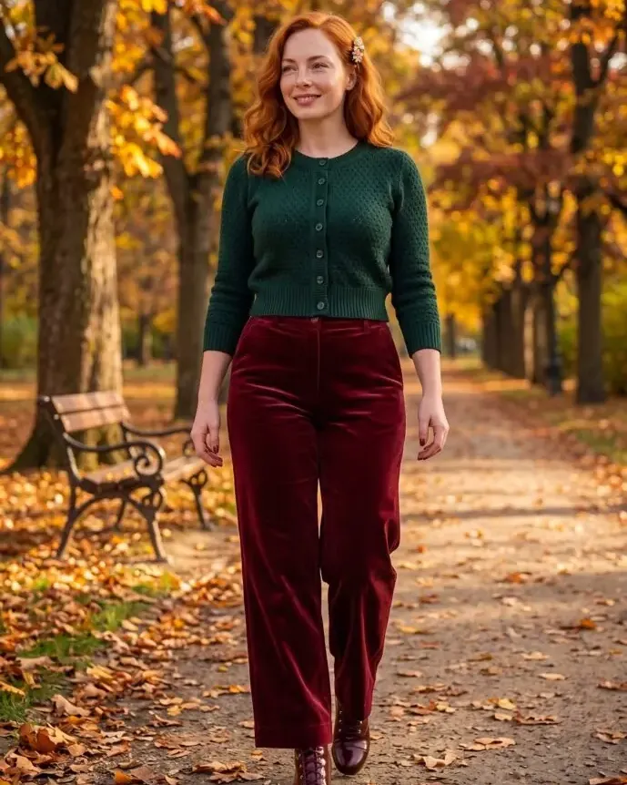Herbstgold und Samt – Cardigan & rote Samthose im Park