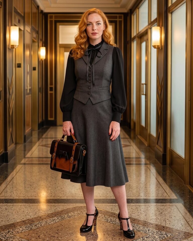 Elegante Klassik im Art-Deco Büro: Graue Weste, schwarze Schleife und Leoparden-Details