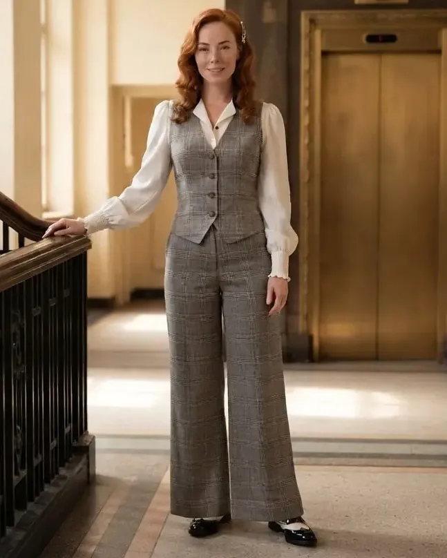 Vintage Office Elegance — Lada im klassischen Plaid-Look