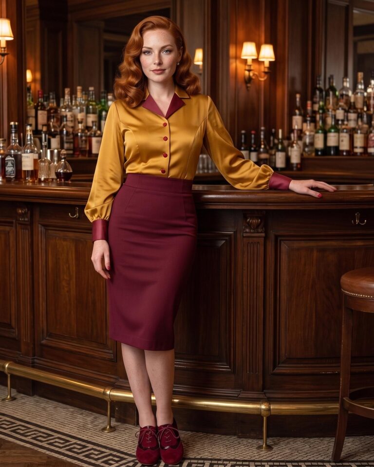 Eleganz pur: Goldene Bluse trifft Bordeaux