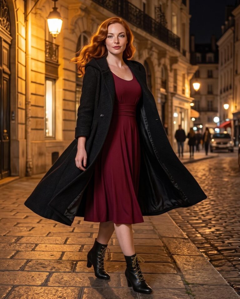Heimgang nach Mitternacht — Lada in schwarzem Mantel & Bordeaux Eleganz in der nächtlichen Stadt