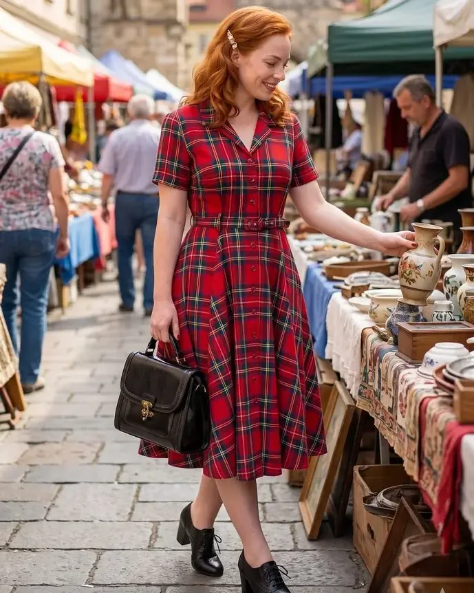 Marktplatz-Flair – Rotes Karomuster-Kleid