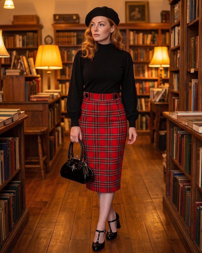 Französische Eleganz in der Vintage-Buchhandlung: Roter Tartan-Rock, Beret und schwarze T-Strap Heels