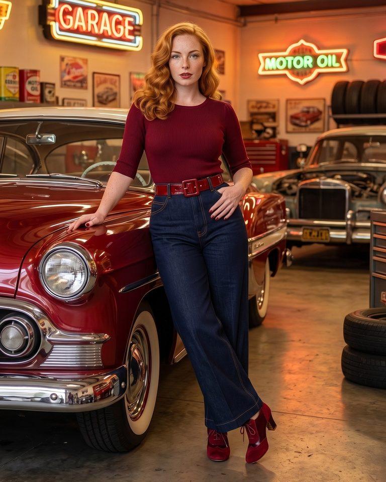 Rockabilly Glamour in der Vintage-Garage: Bordeaux Top, Weithose und rote Samtboots