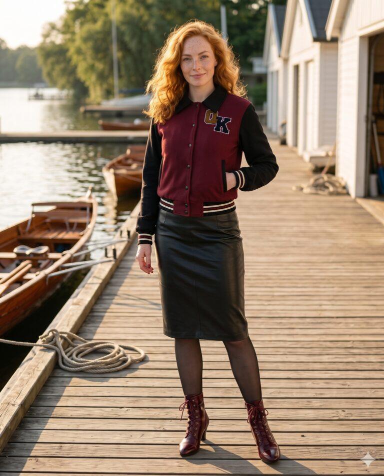 Golden Hour Chic: Sportive College-Nostalgie trifft auf verführerischen Leder-Bleistiftrock