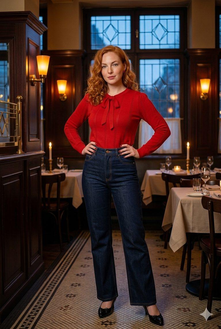 Bistro-Glamour zur blauen Stunde: Roter Strick trifft Raw-Denim-Silhouette